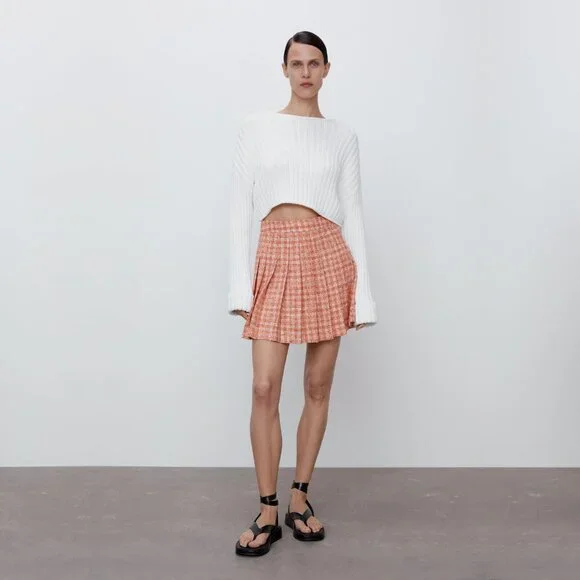 🎈HOST P 🎈 NEW ZARA Tweed Pleated Structured Mini High Waist Plaid Skirt, XXL - Picture 8 of 16